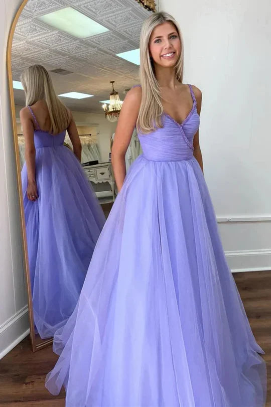 Lavender Tulle Ball Gown Prom Dress with Beaded Straps & Open Back