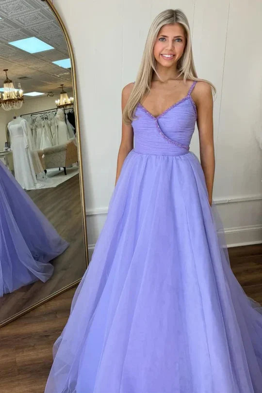 Lavender Tulle Ball Gown Prom Dress with Beaded Straps & Open Back