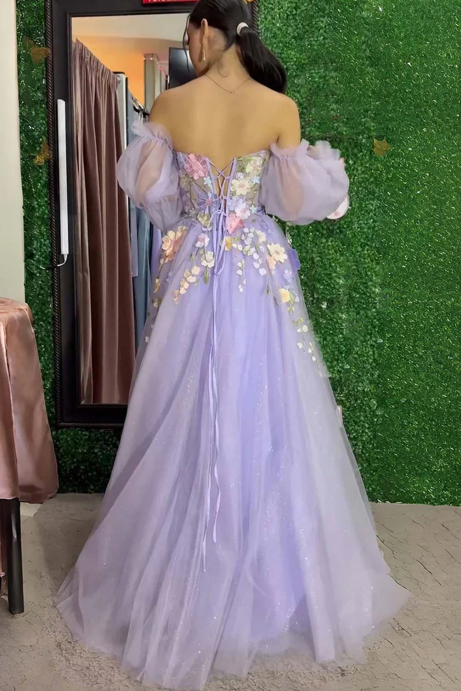Lavender Tulle Floral AppliquÃ© Off Shoulder Prom Dress with Slit