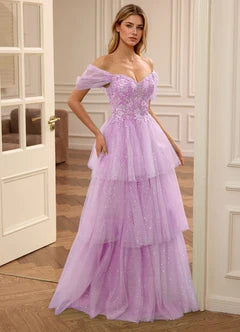 Lavender Tulle Off Shoulder Lace-Up Back Tiered Maxi Evening Dresses