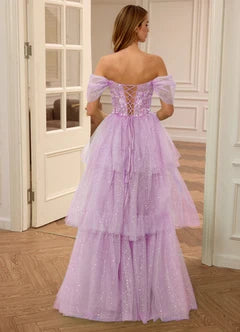 Lavender Tulle Off Shoulder Lace-Up Back Tiered Maxi Evening Dresses