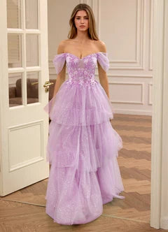 Lavender Tulle Off Shoulder Lace-Up Back Tiered Maxi Evening Dresses