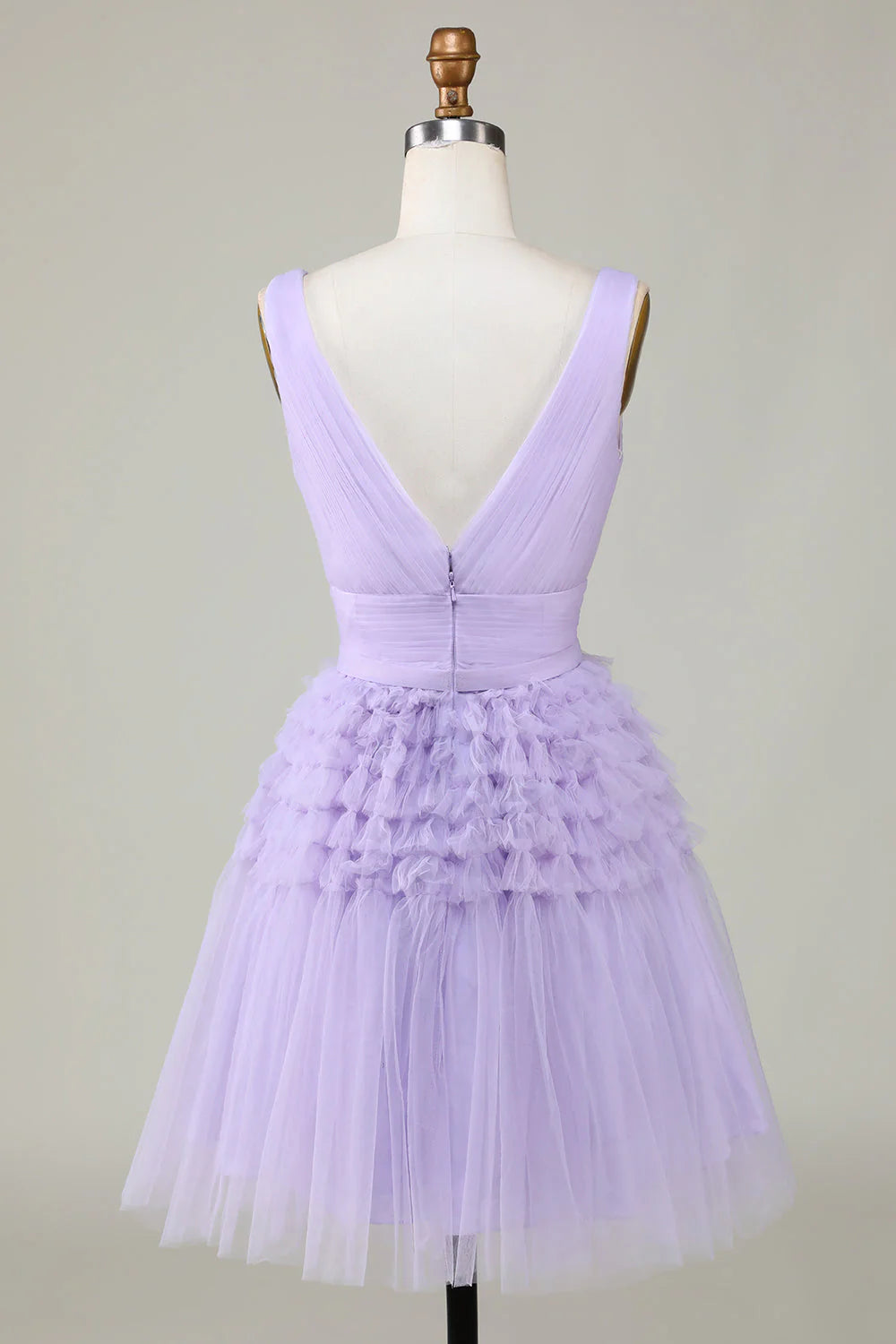 Lavender V-Neck Ruffle Tulle A-Line Mini Evening Dresses