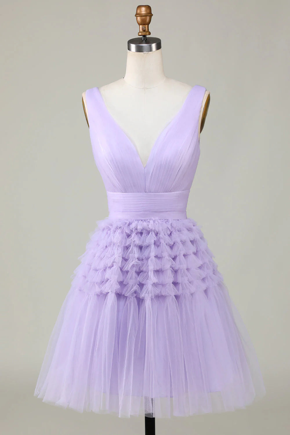 Lavender V-Neck Ruffle Tulle A-Line Mini Evening Dresses