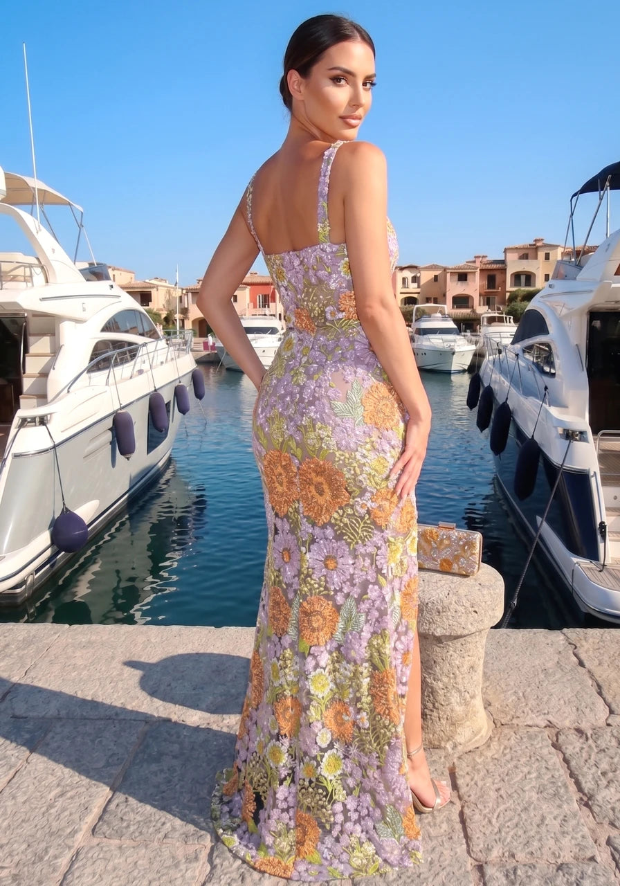 Lavender and Orange Floral Embroidered Mermaid Evening Dresses with Slit