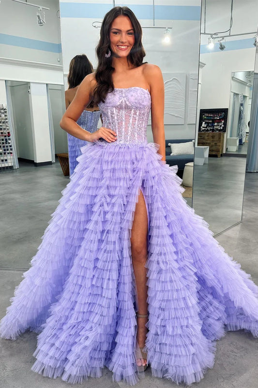 Layered strapless A-line slit ball gown