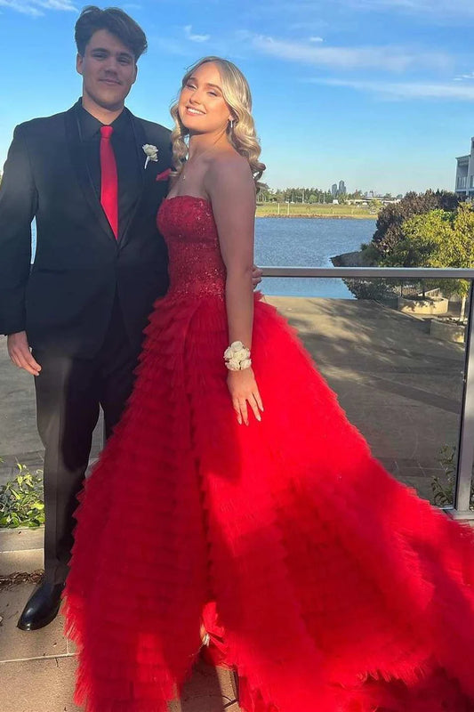 Layered strapless A-line slit ball gown