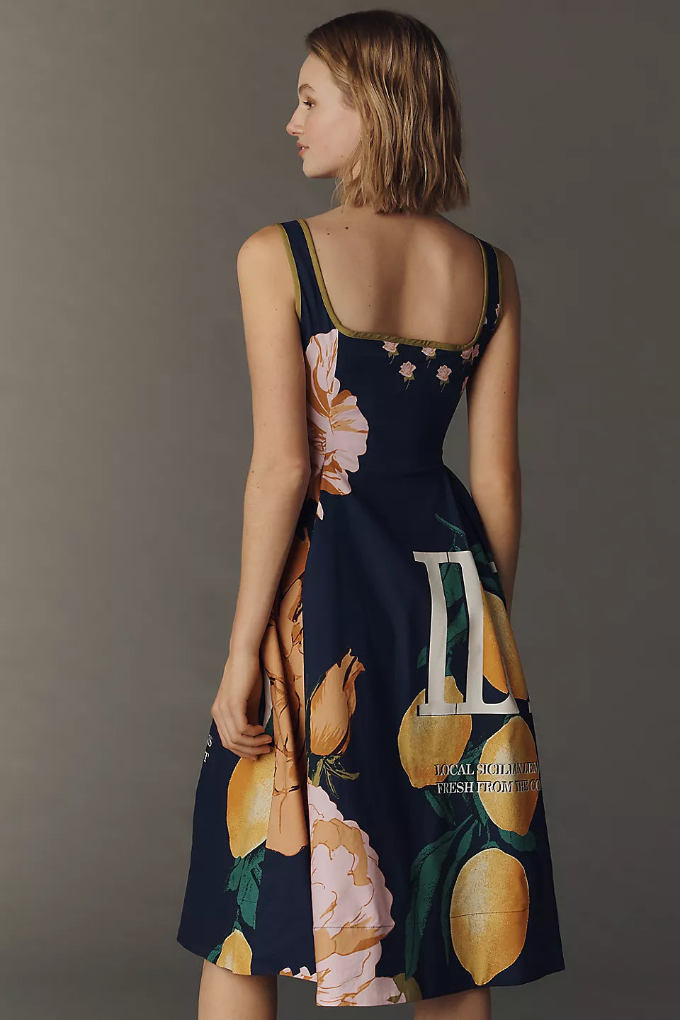 Lemon Floral Print Square Neck Midi Evening Dresses with Pockets