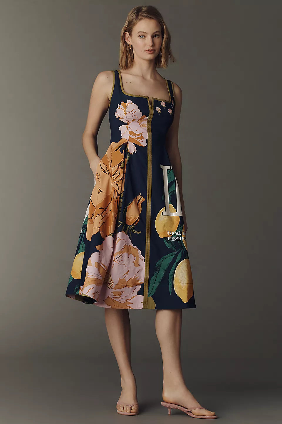 Lemon Floral Print Square Neck Midi Evening Dresses with Pockets