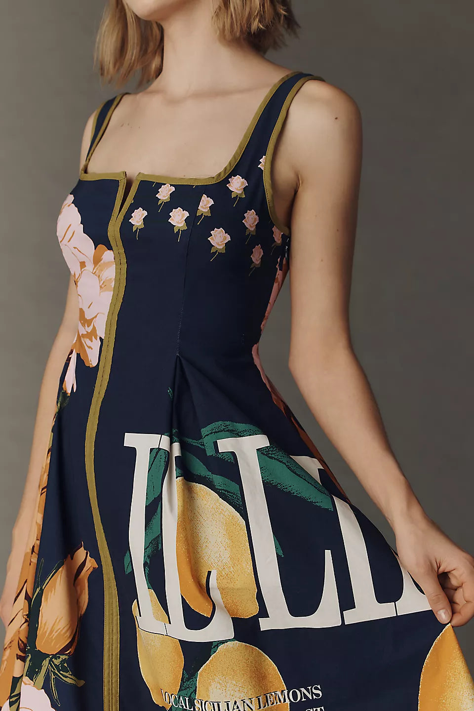 Lemon Floral Print Square Neck Midi Evening Dresses with Pockets