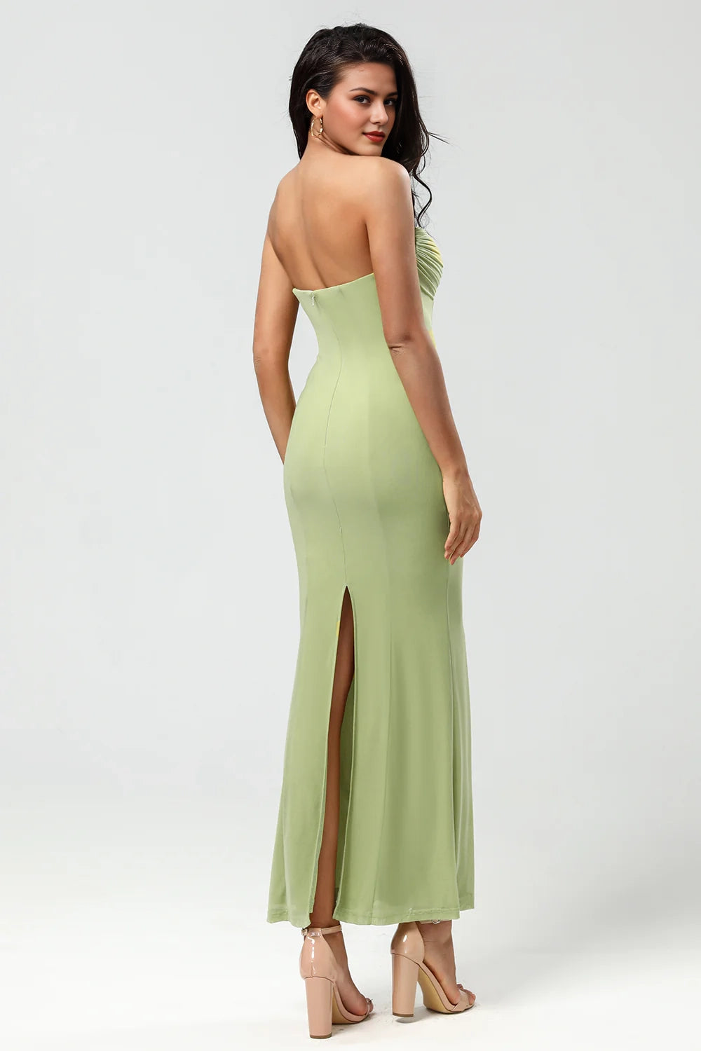 Lemon Green Mermaid Strapless Floor Length Bridesmaid Dress With Slit