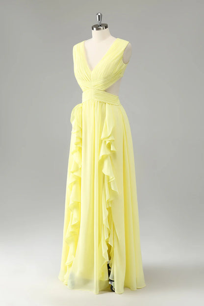 Lemon Yellow A Line V Neck Ruffle Pleated Bridesmaid Dress with Lace Up Back