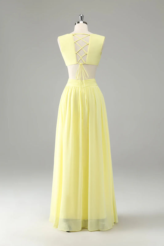 Lemon Yellow A Line V Neck Ruffle Pleated Bridesmaid Dress with Lace Up Back