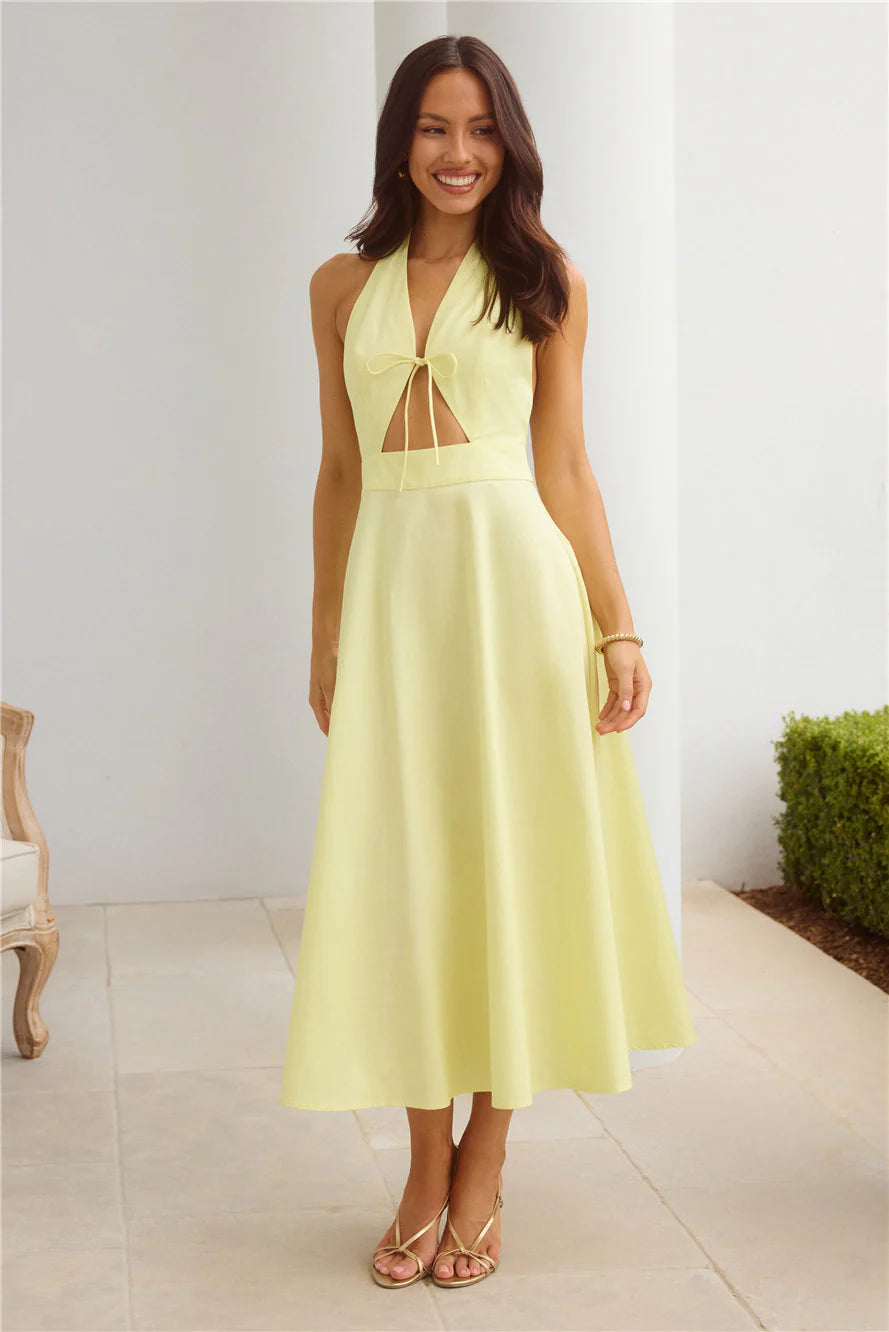 Lemon Yellow Halter Cutout Midi Evening Dresses