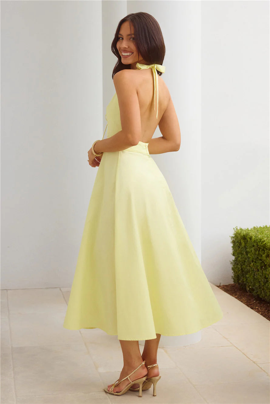 Lemon Yellow Halter Cutout Midi Evening Dresses