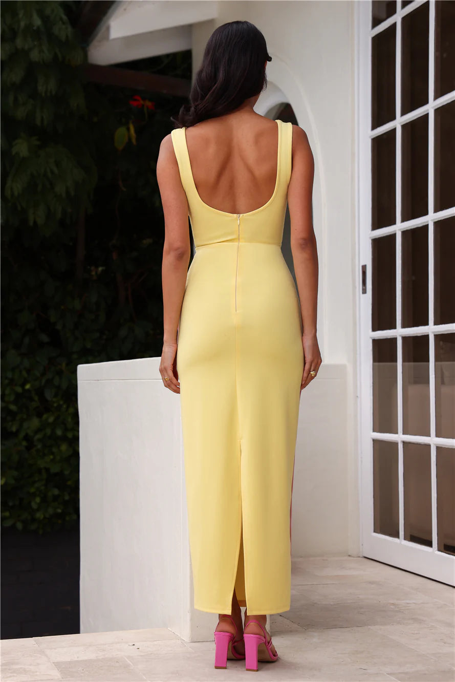 Lemon Yellow Pink Piping Square Neck Backless Midi Evening Dresses