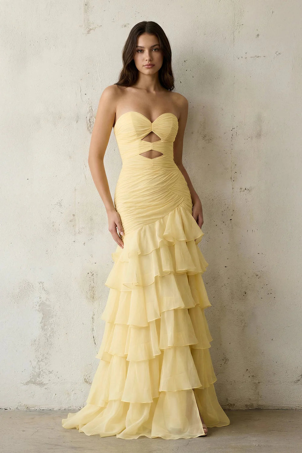 Lemon Yellow Strapless Tiered Ruffle Evening Dresses