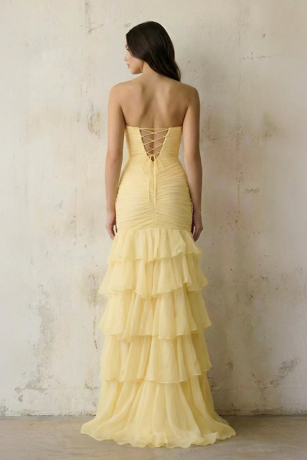 Lemon Yellow Strapless Tiered Ruffle Evening Dresses