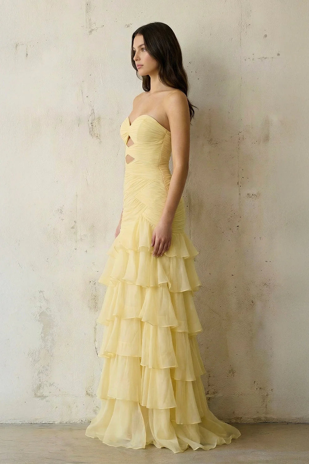 Lemon Yellow Strapless Tiered Ruffle Evening Dresses