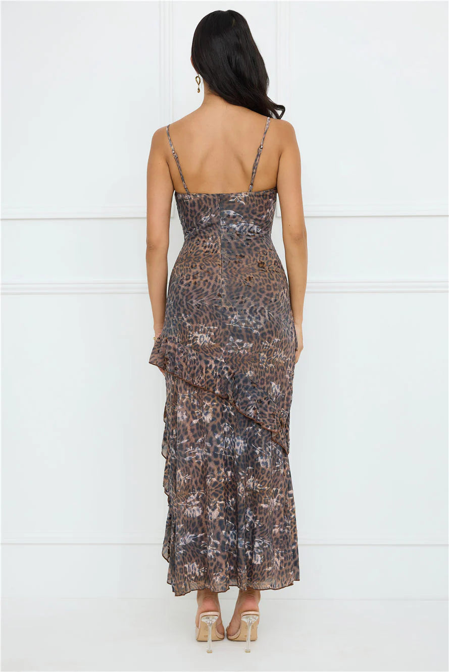 Leopard Print Cowl Neck Ruffle High Slit Maxi Evening Dresses