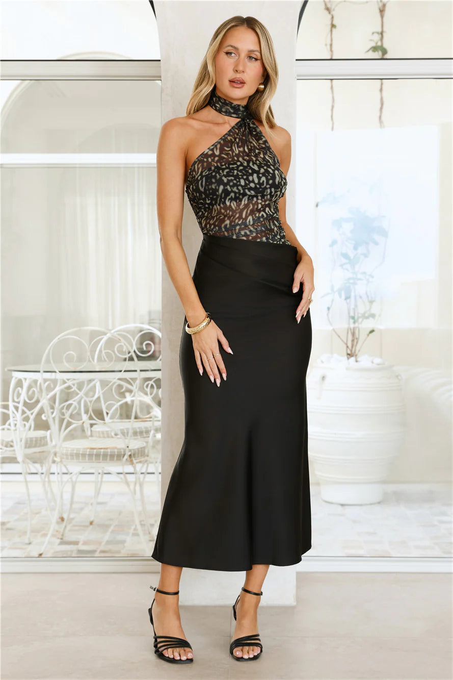 Leopard Print Mesh Halter Tie Back Satin Mermaid Midi Evening Dress