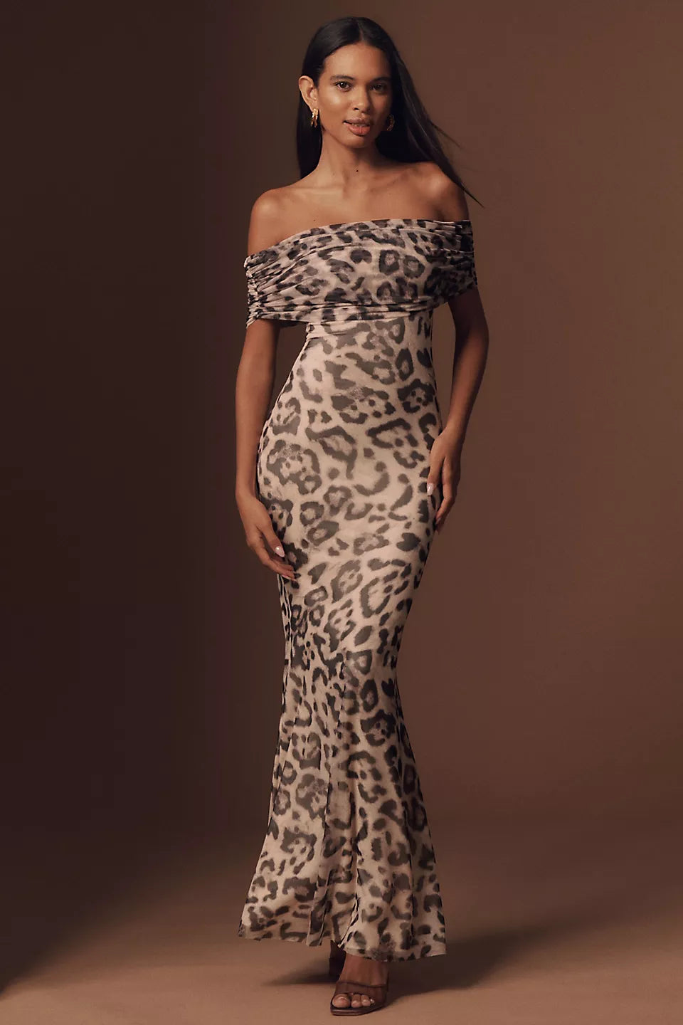 Leopard Print Off-the-Shoulder Maxi Evening Dresses with Mermaid Hem