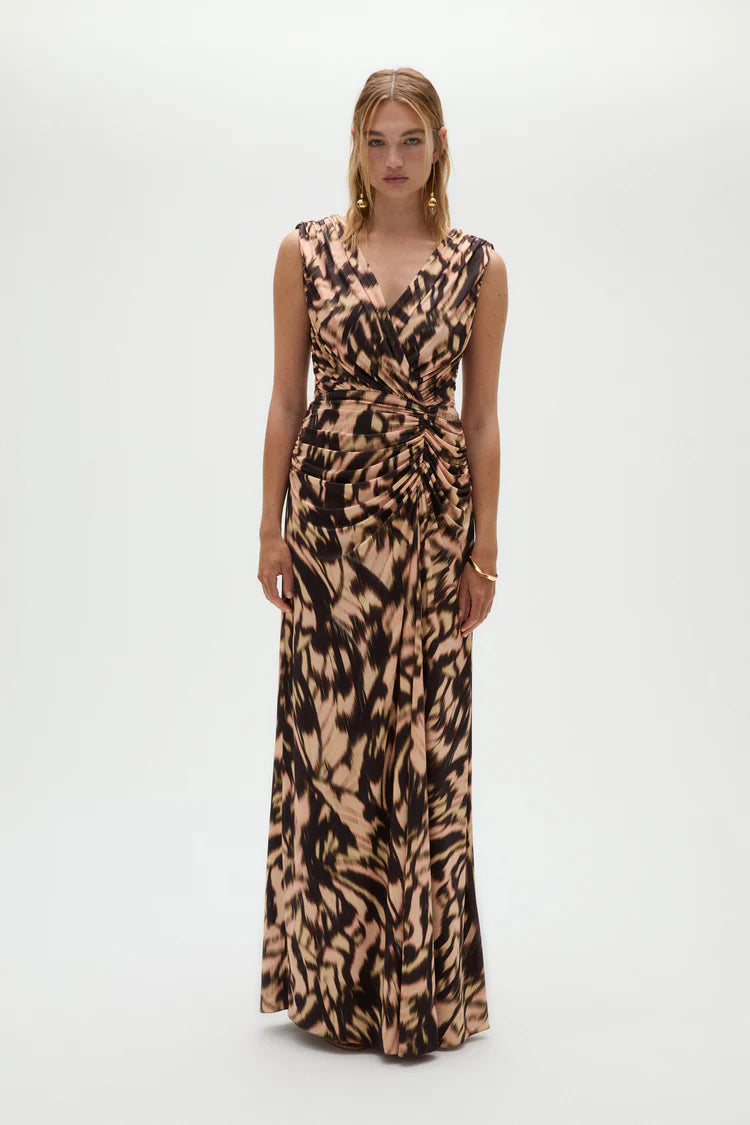 Leopard Print Ruched Cowl Back Maxi Evening Dresses