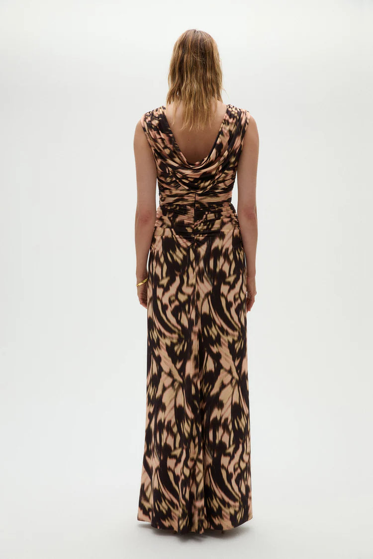 Leopard Print Ruched Cowl Back Maxi Evening Dresses