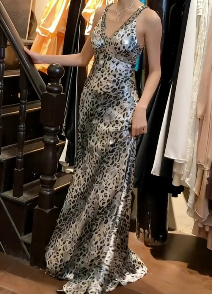 Leopard Print Satin V-Neck Crisscross Back Mermaid Maxi Evening Dresses