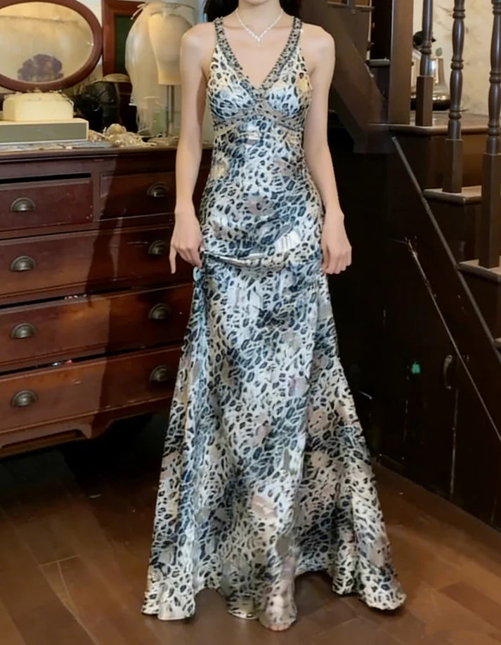 Leopard Print Satin V-Neck Crisscross Back Mermaid Maxi Evening Dresses