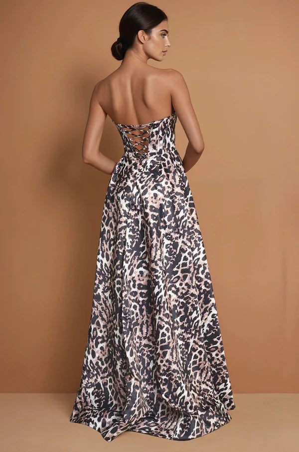 Leopard Print Strapless Corset Lace-Up Back Slit Maxi Evening Dresses