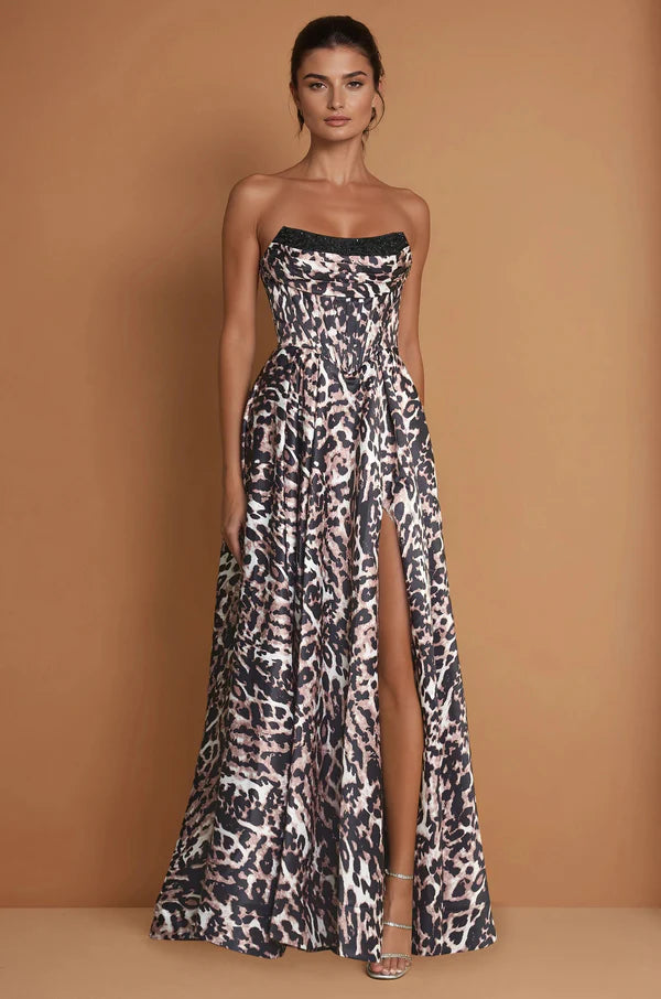 Leopard Print Strapless Corset Lace-Up Back Slit Maxi Evening Dresses