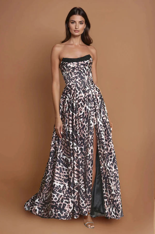 Leopard Print Strapless Corset Lace-Up Back Slit Maxi Evening Dresses