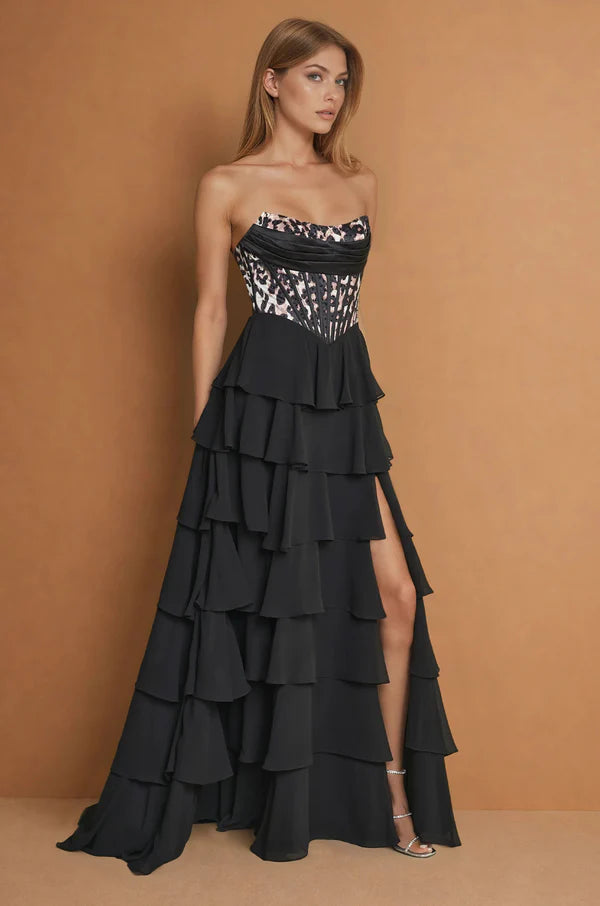 Leopard Print Strapless Corset Tiered Ruffle Slit Maxi Evening Dresses