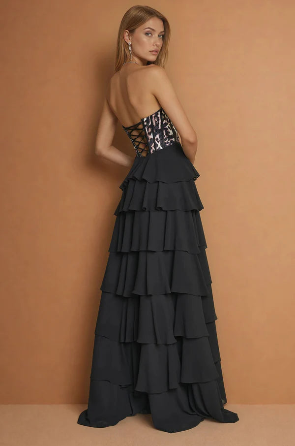 Leopard Print Strapless Corset Tiered Ruffle Slit Maxi Evening Dresses
