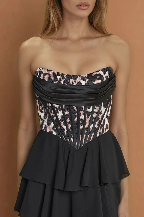 Leopard Print Strapless Corset Tiered Ruffle Slit Maxi Evening Dresses