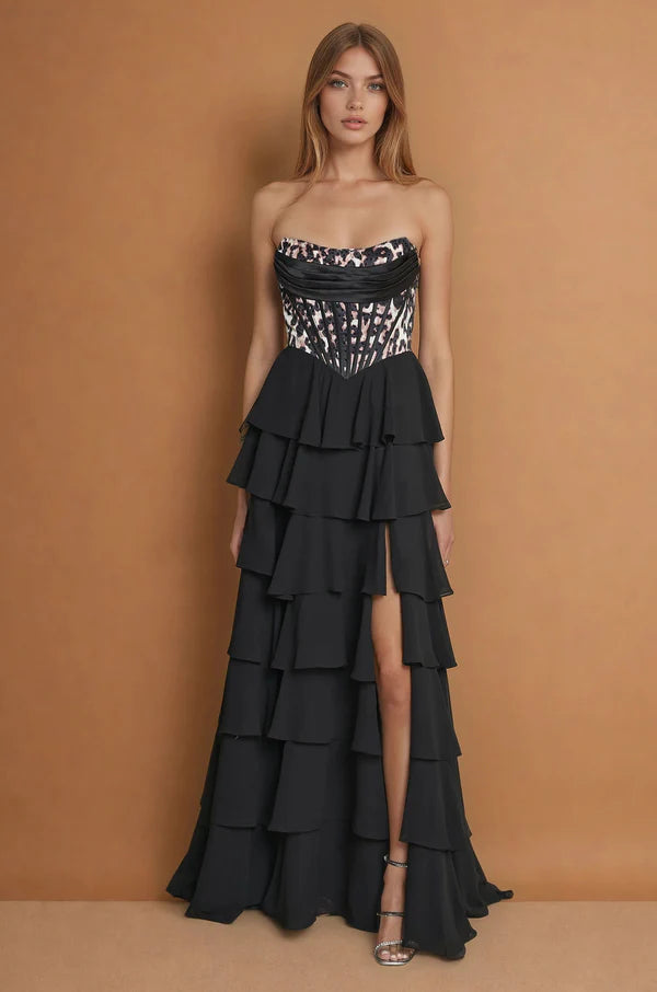 Leopard Print Strapless Corset Tiered Ruffle Slit Maxi Evening Dresses