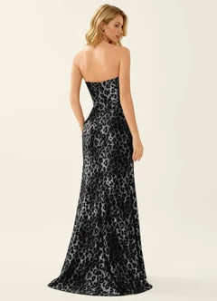 Leopard Print Strapless Velvet High Slit Maxi Evening Dresses