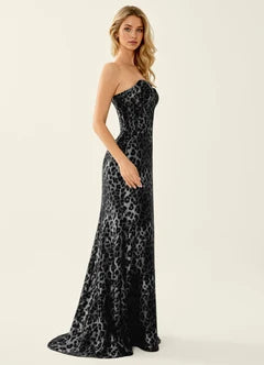 Leopard Print Strapless Velvet High Slit Maxi Evening Dresses
