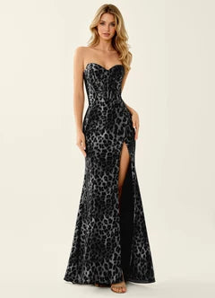 Leopard Print Strapless Velvet High Slit Maxi Evening Dresses