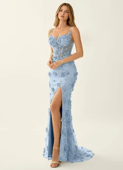 Light Blue 3D Floral Sequin Corset Slit Maxi Evening Dresses