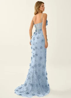 Light Blue 3D Floral Sequin Corset Slit Maxi Evening Dresses
