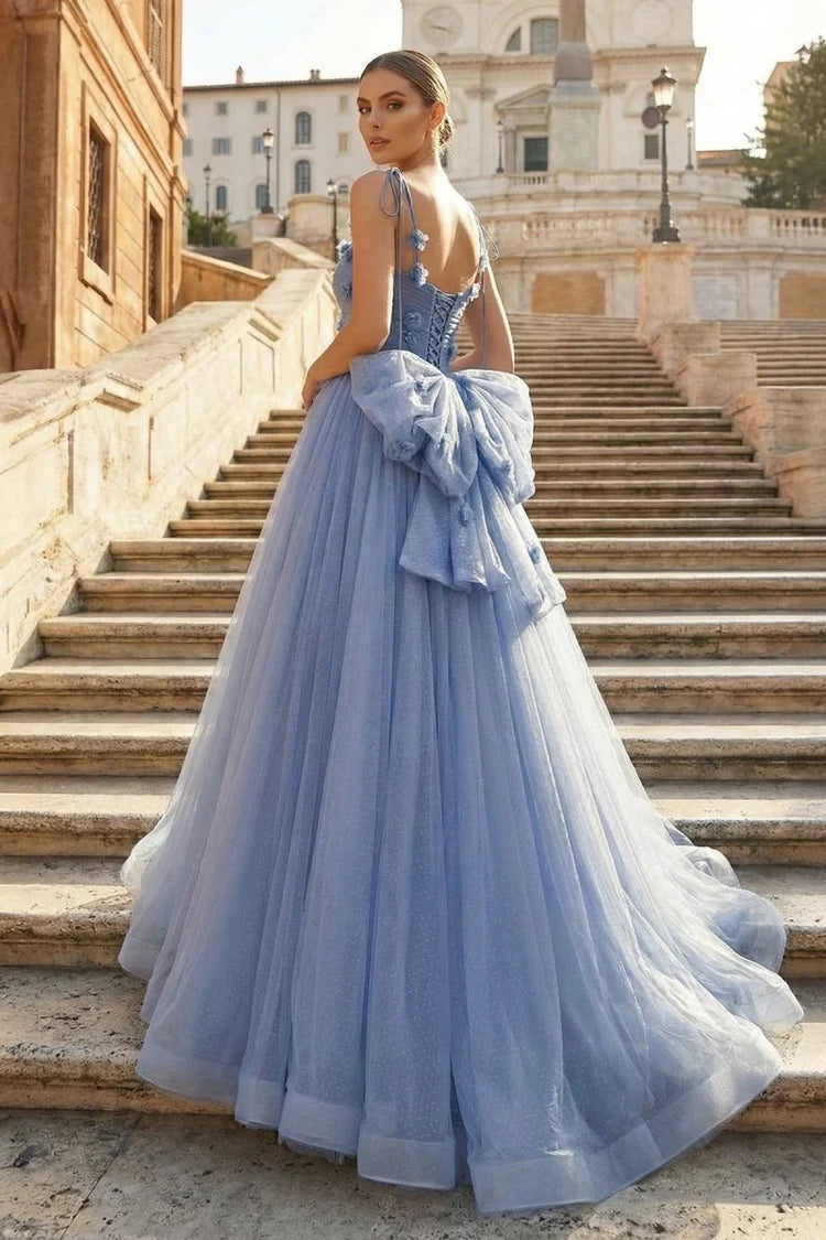 Light Blue 3D Flower Bow Tulle Evening Dresses
