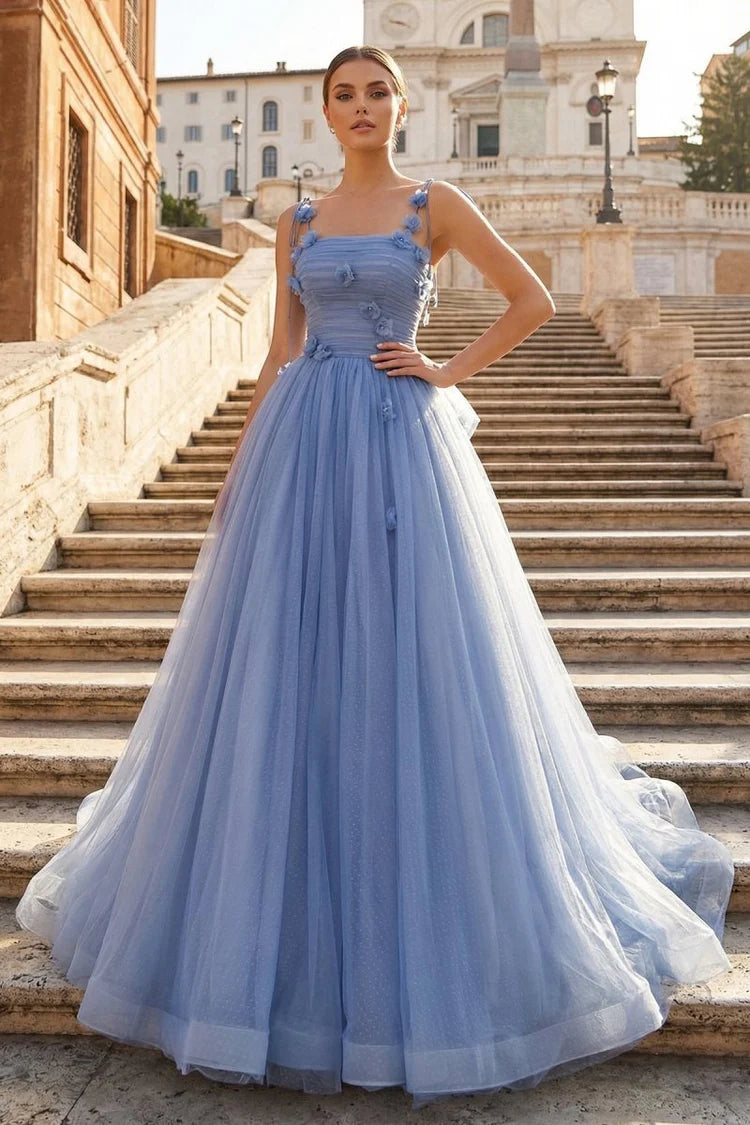 Light Blue 3D Flower Bow Tulle Evening Dresses