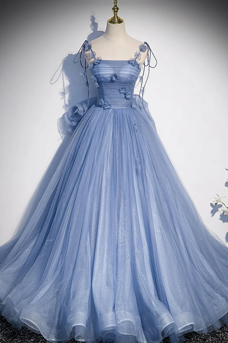 Light Blue 3D Flower Bow Tulle Evening Dresses