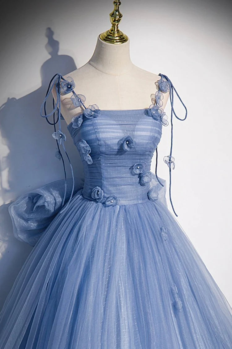 Light Blue 3D Flower Bow Tulle Evening Dresses