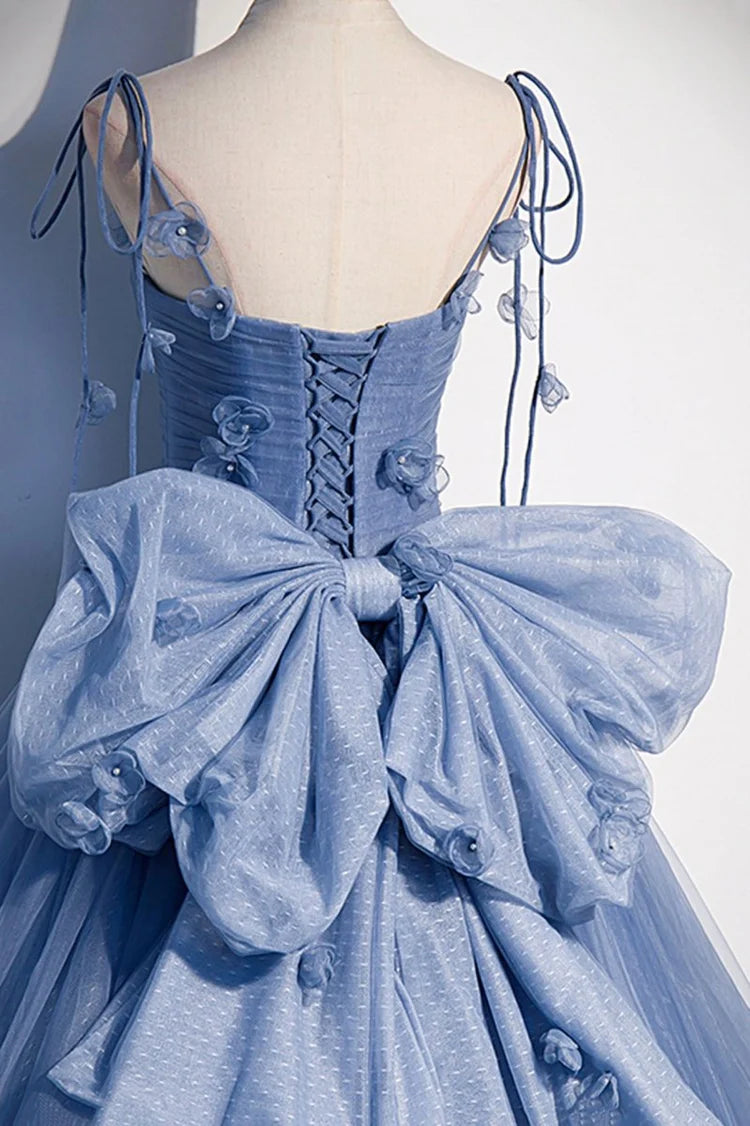 Light Blue 3D Flower Bow Tulle Evening Dresses