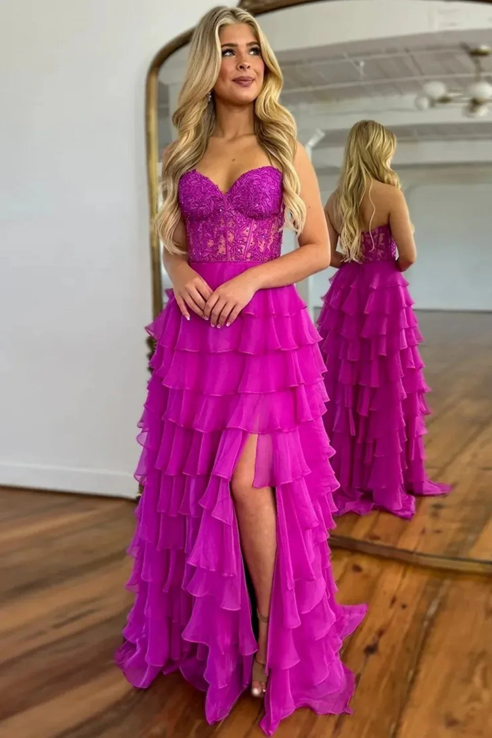Light Blue A-Line Sweetheart Long Lace And Chiffon Prom Dress With Slit