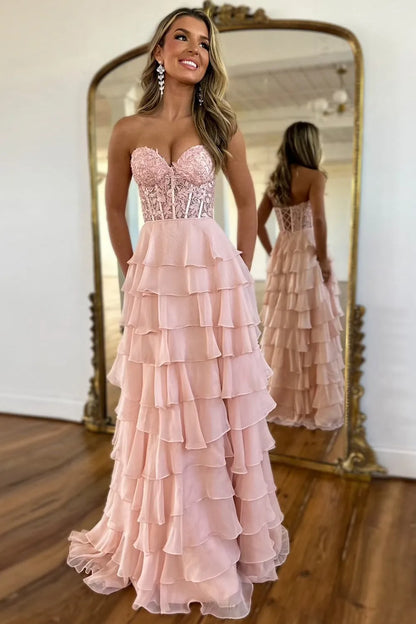 Light Blue A-Line Sweetheart Long Lace And Chiffon Prom Dress With Slit