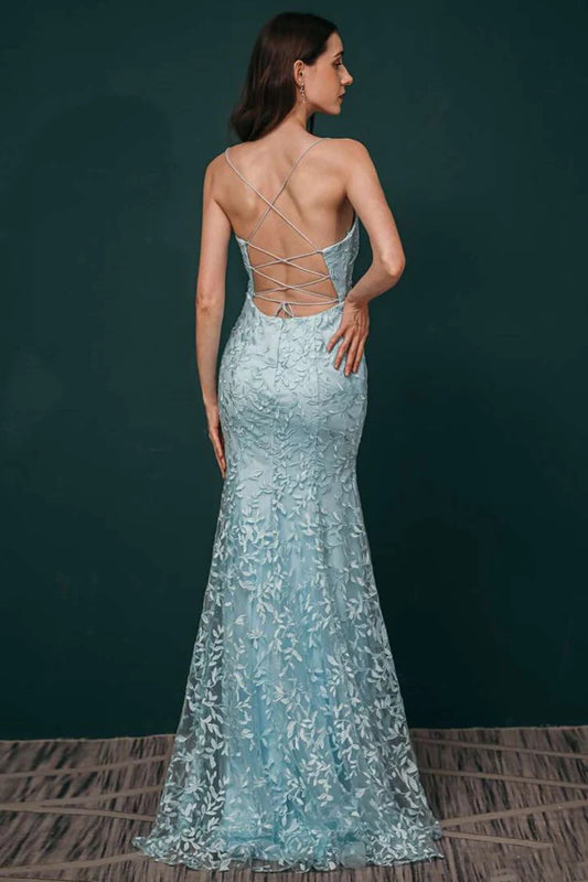 Light Blue Applique Lace Mermaid Dress